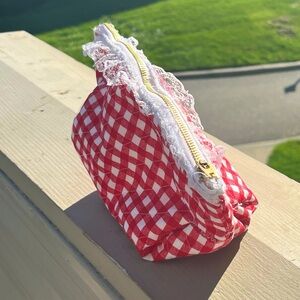 Red and White Checkered Travel Bag with Lace Trim